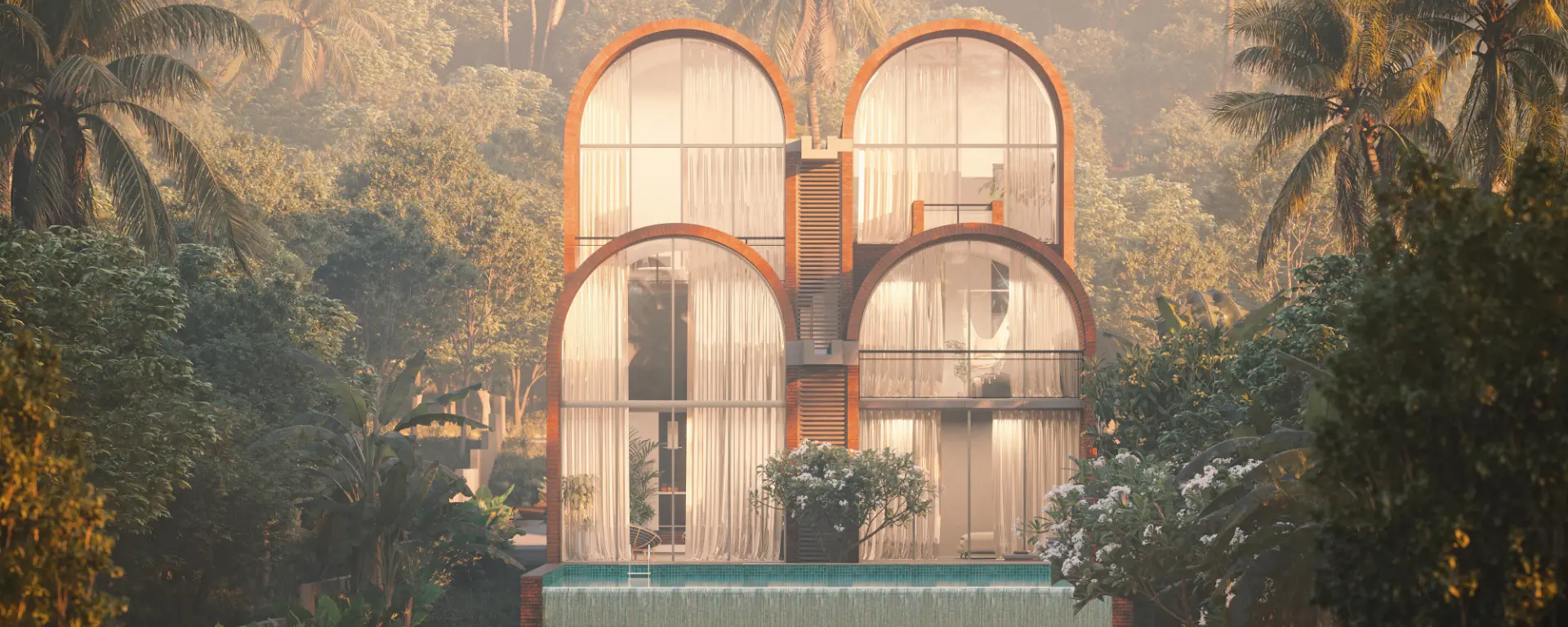 A luxurious villa with arched windows