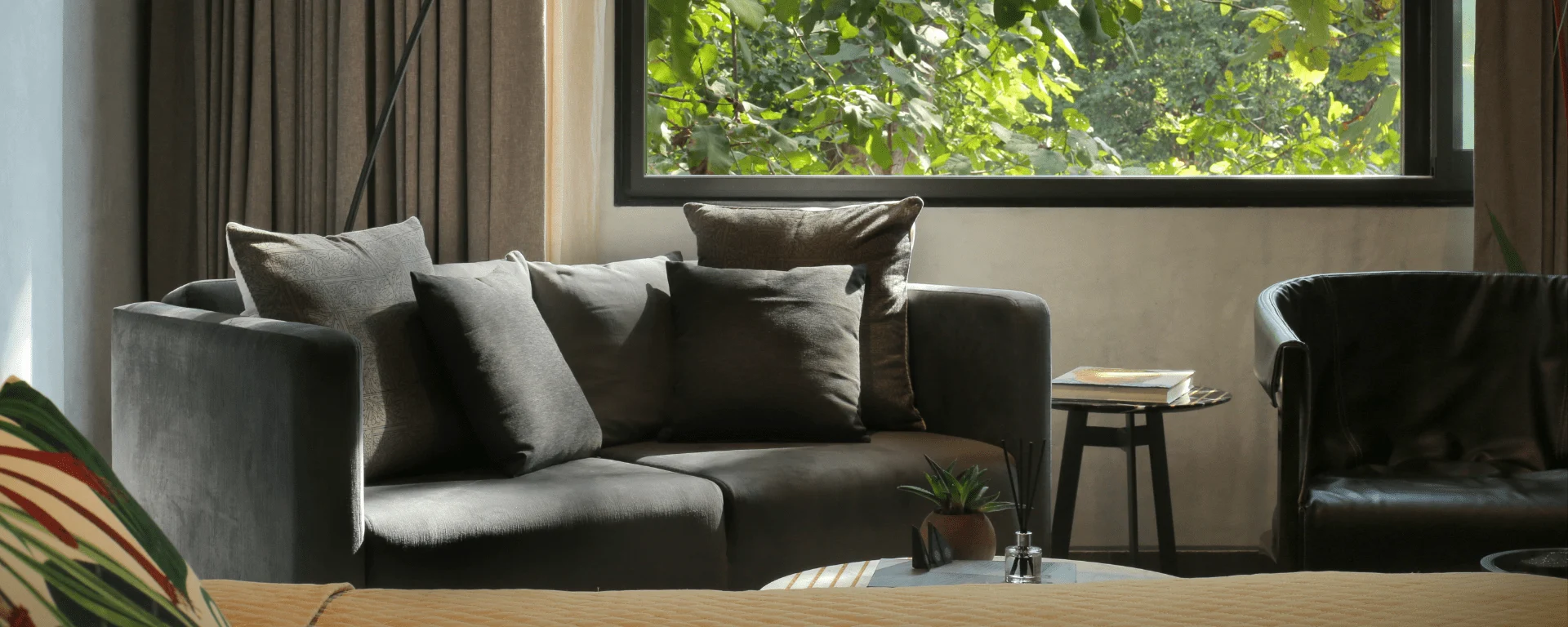 Cozy living room with serene view