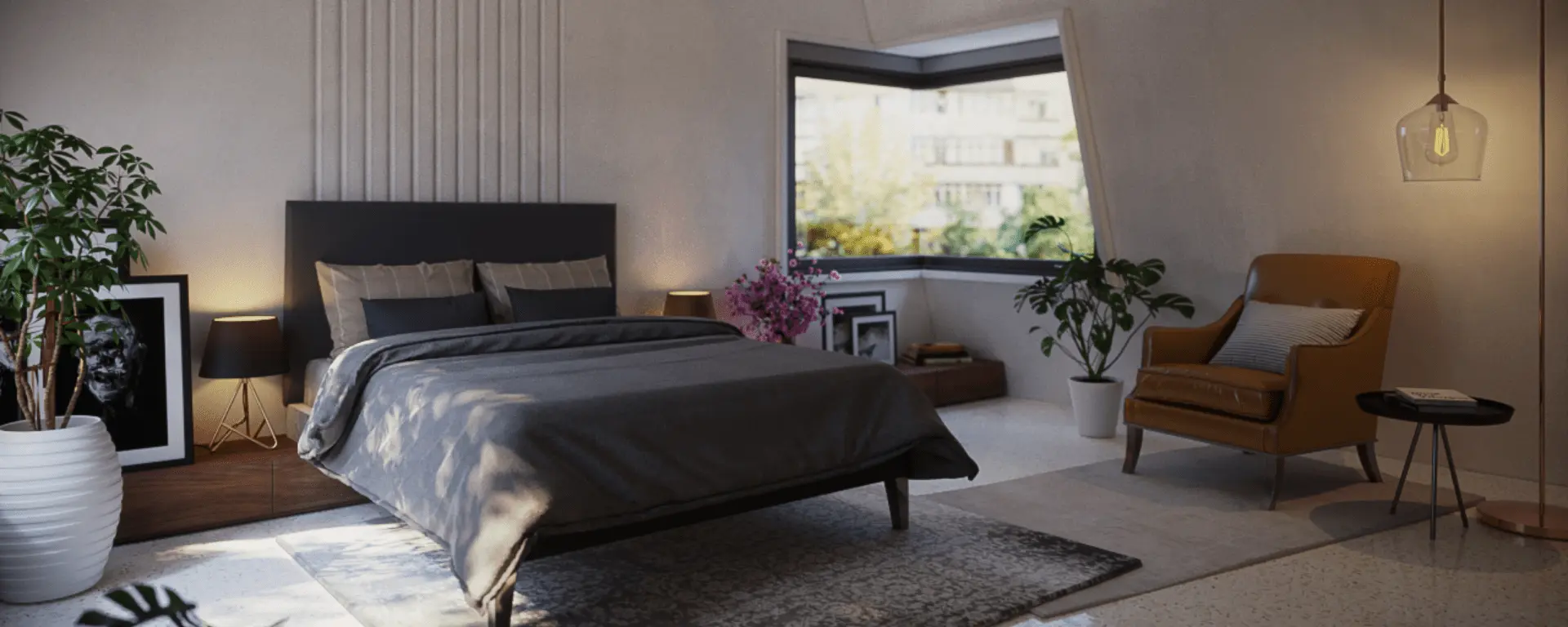 Cozy bedroom with plants and light