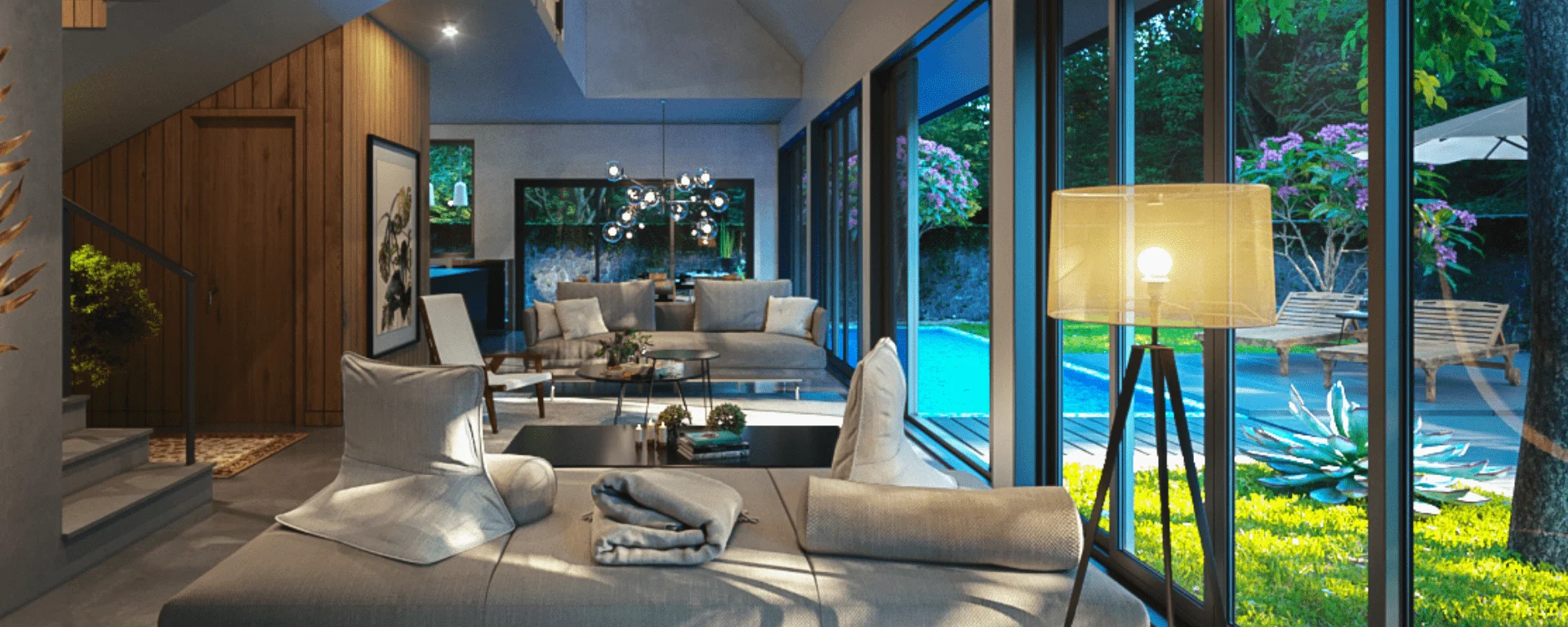 Modern living room with garden view